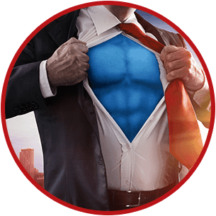 Image of a man in a suite pulling the shirt aside to reveal a superhero costume.