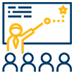 Cartoon image of a yellow person teaching blue people.