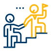 Image of a yellow cartoon person helping a blue cartoon person up stairs.