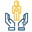 Image of two blue cartoon hands with a yellow cartoon person in the middle.