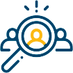 Blue cartoon image of a magnifying glass with a yellow person in the middle.