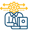 Blue cartoon image of a man with a yellow cog above his head.
