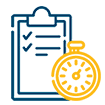 Picture of a blue cartoon clipboard with a yellow stopwatch next to it.