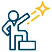 Blue cartoon image of a man standing on a box.