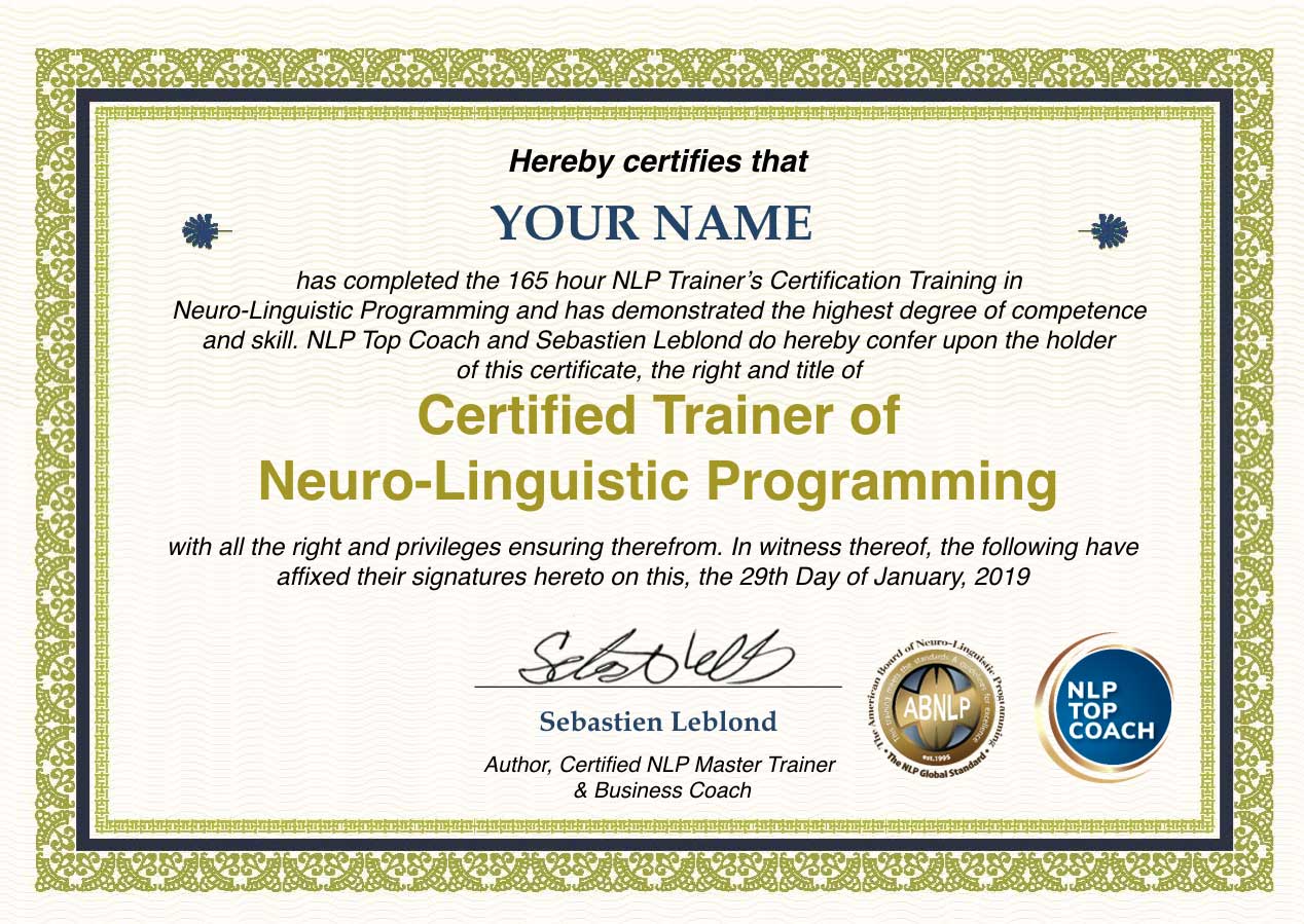 Image of an NLP Top Coach certification.