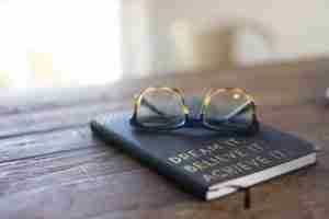 Pair of glasses on a book.